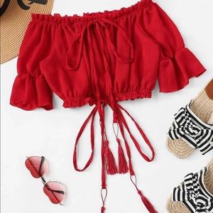 Fill trim tassel drawstring crop top color red🌹